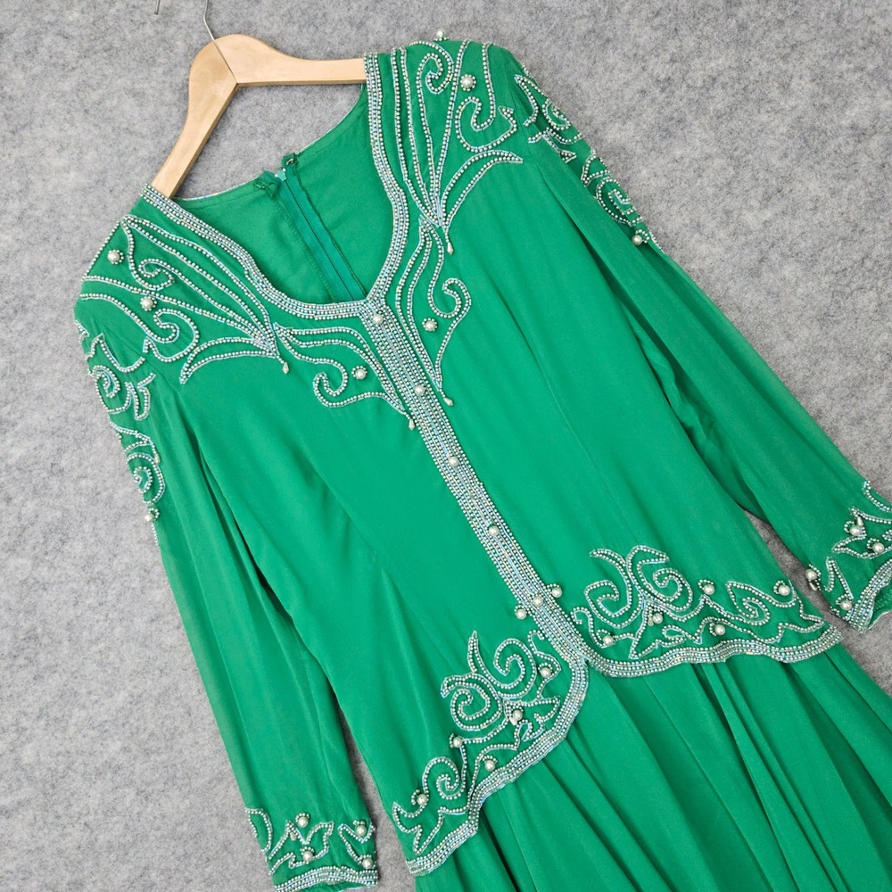 Jack Bryan Women's Green Maxi Dress Size 14 Polyester Beaded Faux Pearl Chiffon‎
